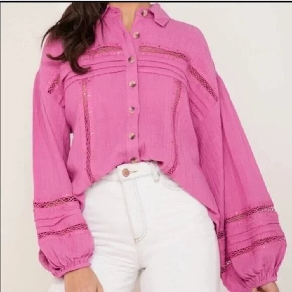 Free People Small Boho Summer Stars Puffy-Sleeve Crochet-Trim Blouse Lavender
